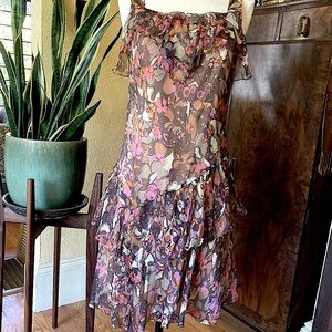Peruvian Connection Brown and Pink Ruffled Tiered Mini Dress
